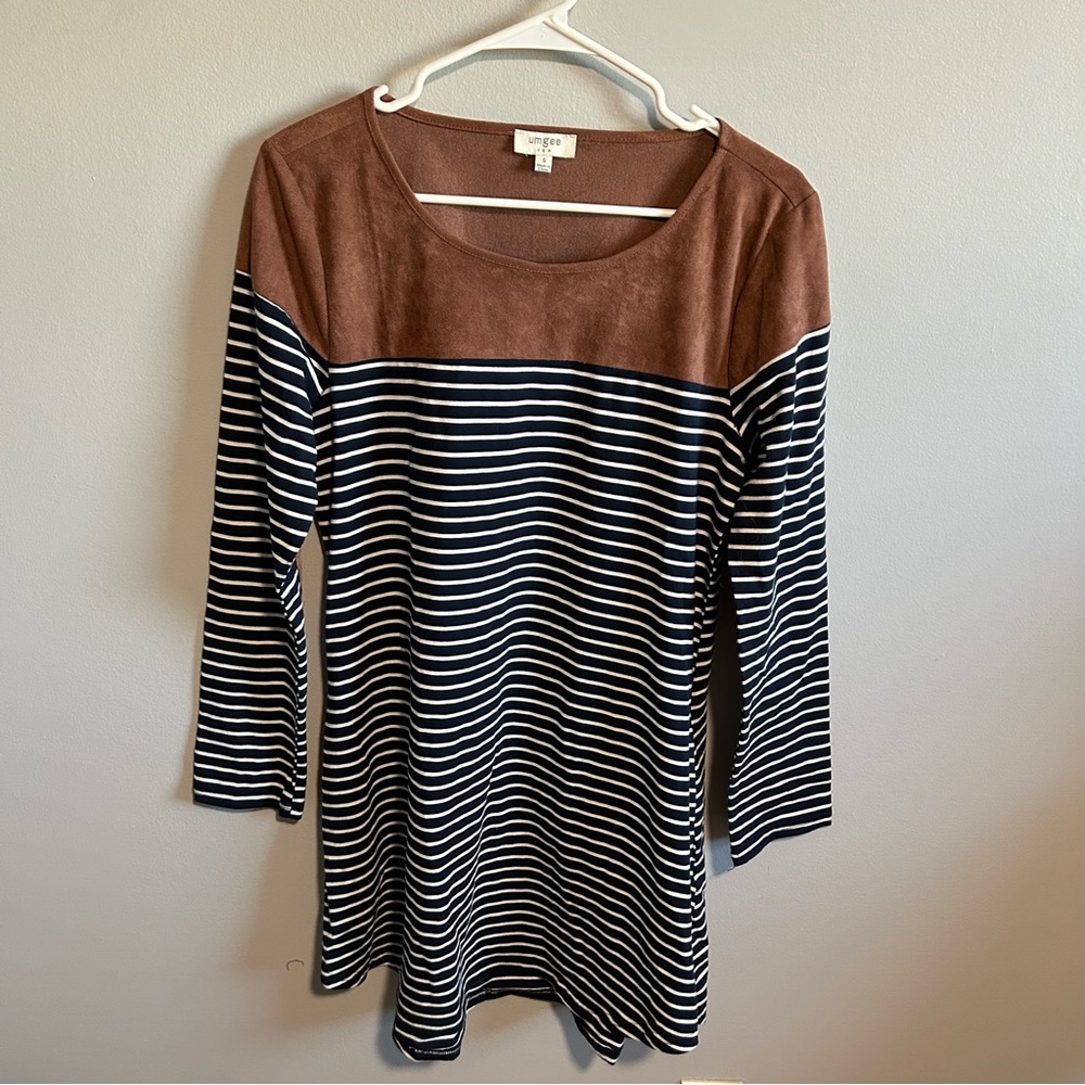 Umgee Navy & White Stripe Dress With Tan Panel-Sm